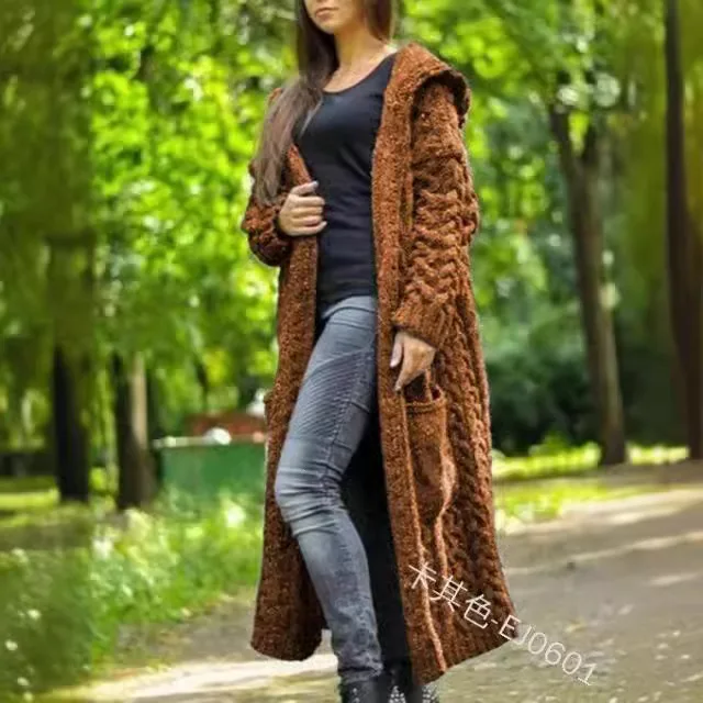 Women's Cardigan Sweater Solid Color Fried Dough Twists Braid Hooded Long Sleeve Thickened Long Cardigan Autumn Winter 2024