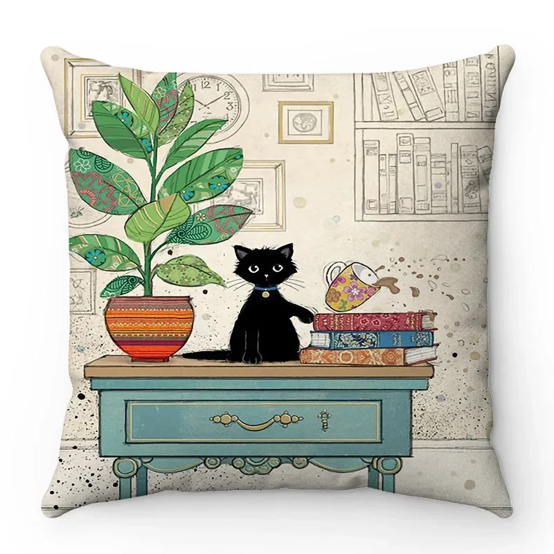 Cartoon Cat Pillow Cover 45x45cm Cute Black Cats Cushion Cover Home Decor Pillowcase Sofa Throw Pillow Case Animals Cushion Case