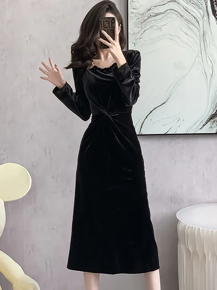 Autumn Winter Elegant Dresses for Official Occasions 2024 Black Velvet Square Collar Prom Dress Women Korean Vintage Party Dress