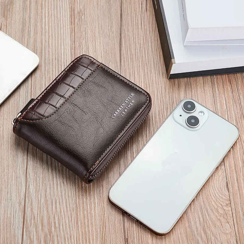 Cartera de cuero para hombre, monedero de lujo para hombre, tarjeteros con cremallera y bolsillo para monedas, billeteras Rfid, regalos para hombre, bolsa de dinero