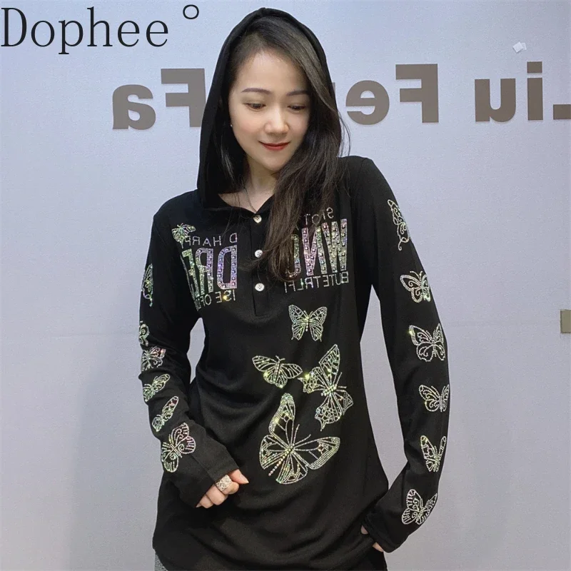 2024 New Autumn Fashion Letters Butterfly Hot Drilling Long Sleeve T-shirt Pullover Hooded Hoodie Top Streetwear Women Basic Tee