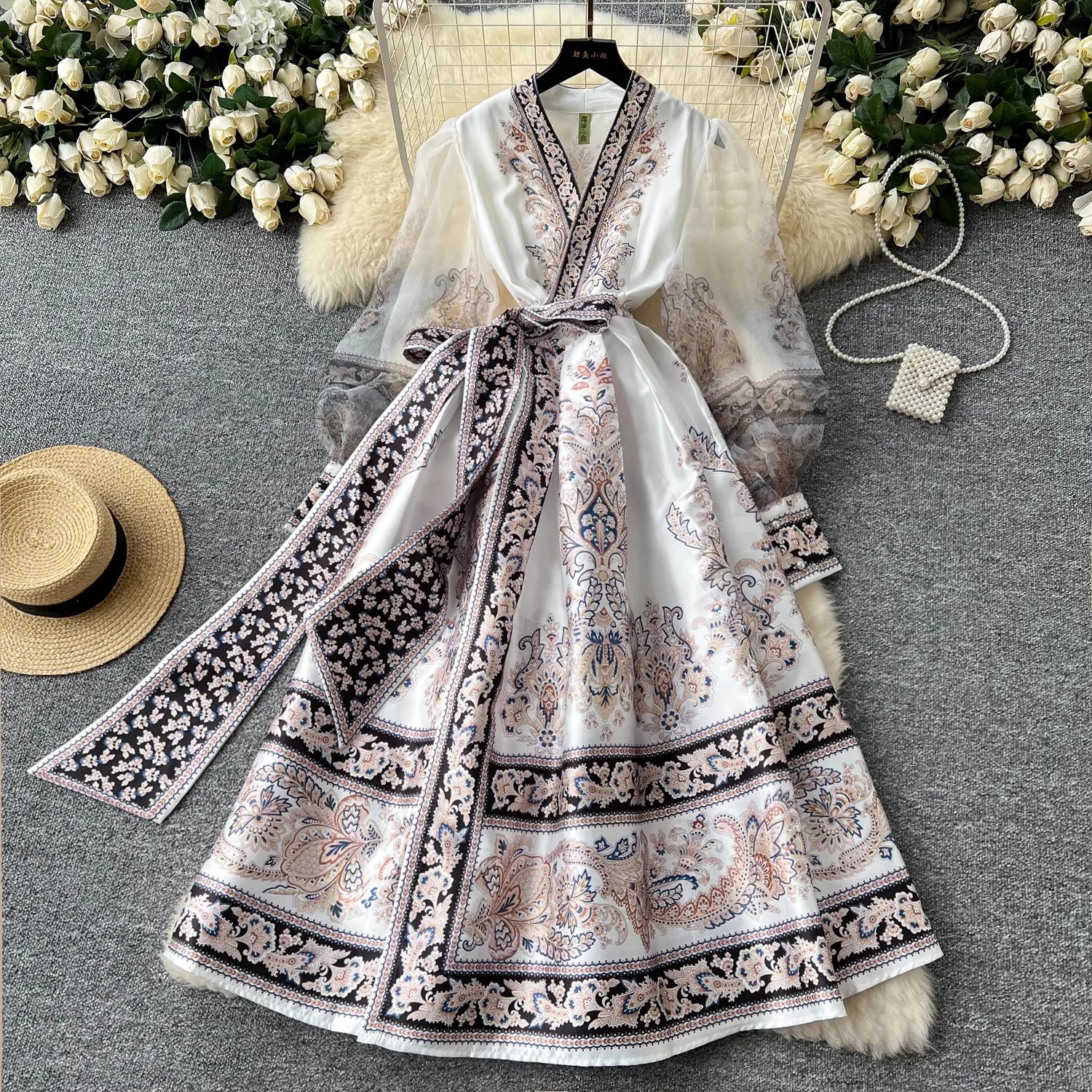 

Summer Vacation Paisley Dress Women Lantern Sleeve V Neck Bandage Lace Up Wrap Vestidos Female Thick Satin Long Party Clothes