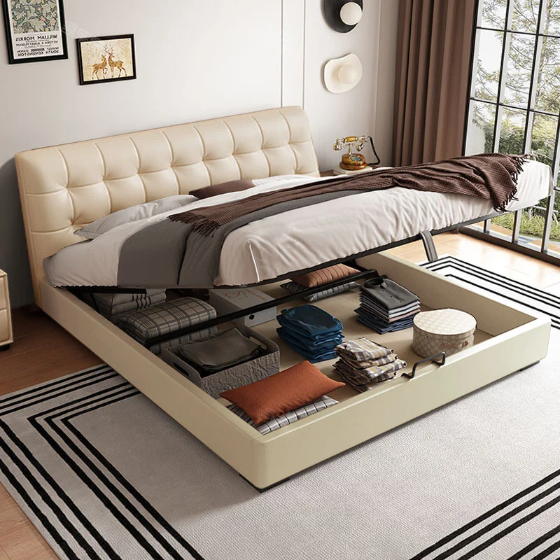 # S Modern Soft Bed Designer Style Bedroom Furniture Light Luxury Minimalist High Elastic Filling Genuine Leather Pine Wood Fram