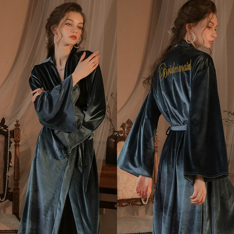 Dressing Gown Bride Bridesmaid Gold Velvet Long Sleeves Robe Nightgown Kimono Embroidery Sexy Night Dress Home Clothes