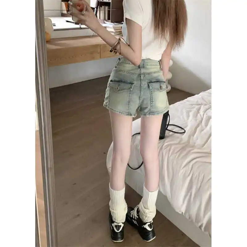 

American Retro Hot Girl High Waist Denim Shorts Women's Design Pocket Slim Wide Leg Hot Pants Arm Wrap Thin Short Pants