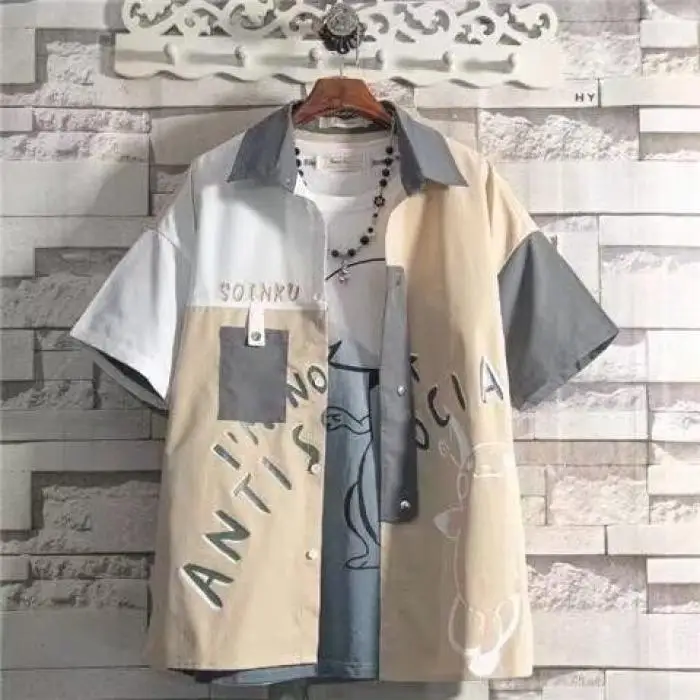 

Summer Graffiti Flower Loose Fit Casual Men's Short Sleeve Shirt Trendy Korean Style Printed Casual Shirt Jacket Polyester Fiber