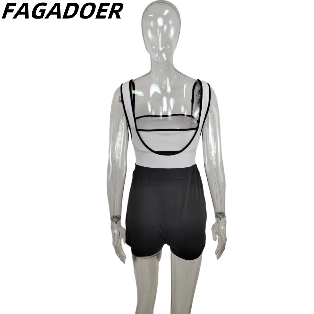 FAGADOER Summer New Color Splicing Strap Shorts Two Piece Sets Women Off Shoulder Sleeveless Backless Tube And Shorts Streetwear