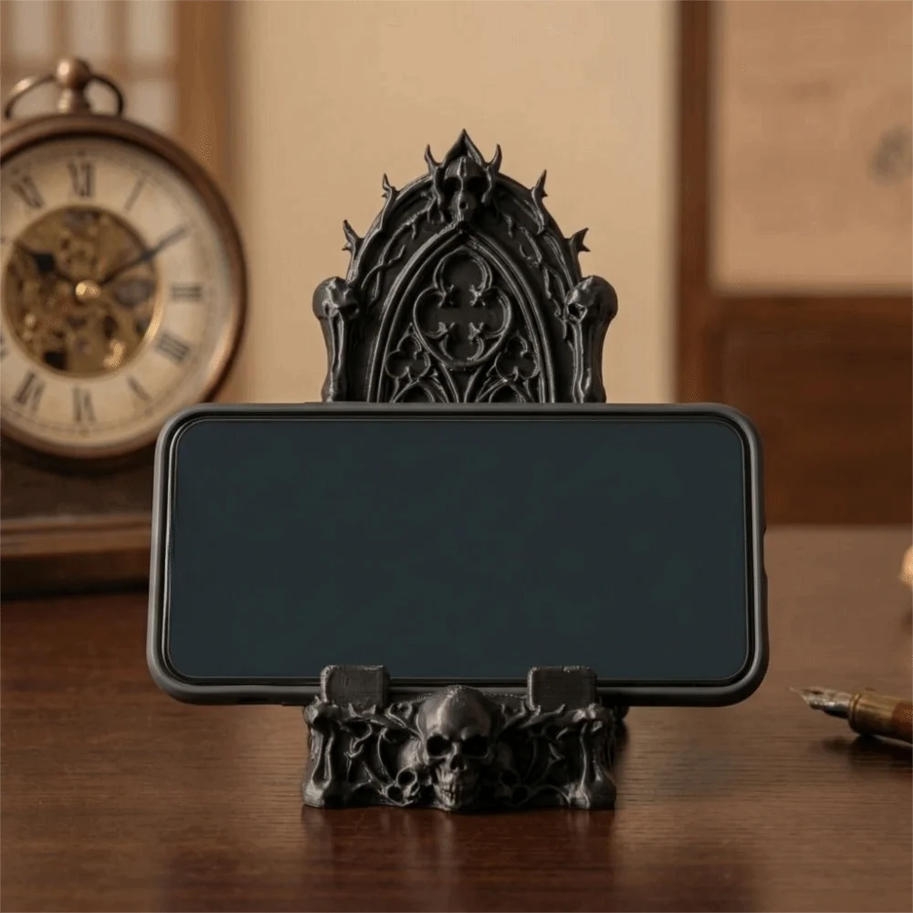 3D Printed Skull Phone Holder Plastic Skull Stand Gothic Throne Ornament Matte Black Universal Desktop Decoration