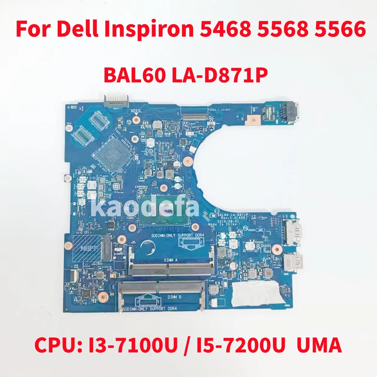 

BAL60 LA-D871P For Dell Inspiron 5468 5568 5566 Laptop Motherboard CPU: I3-7100U / I5-7200U UMA CN-0J922J CN-0DMD9K 100% Test OK