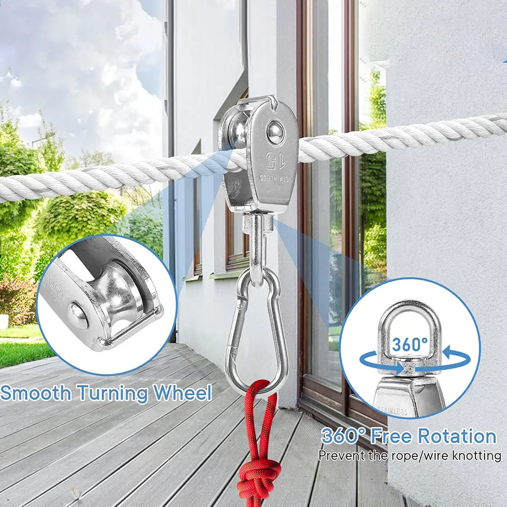 1PC Single Pulley Block 304 Stainless Steel Rope Pulley Cable Pulley Roller for System Lifting Hanging Wire Towing Wheel