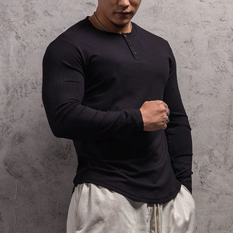 Korean Vintage Solid Long Sleeve T-shirt Men's Spring Autumn New Round Neck Button Casual Simple Sports Elastic Training Tops