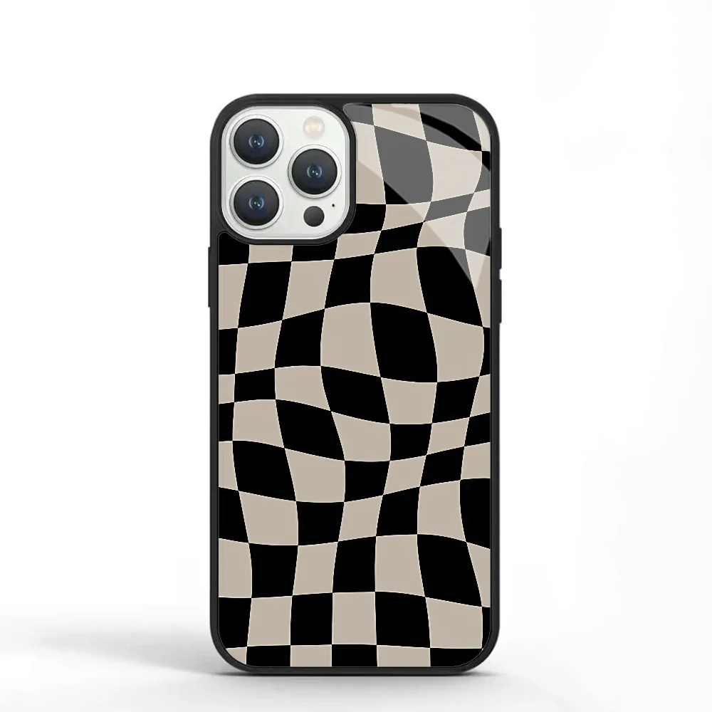 Warped Checkered Pattern Black Tan Phone Case For IPhone 11 12 13 14 15 Plus Pro Max Mirror Acrylic PC TPU Cover