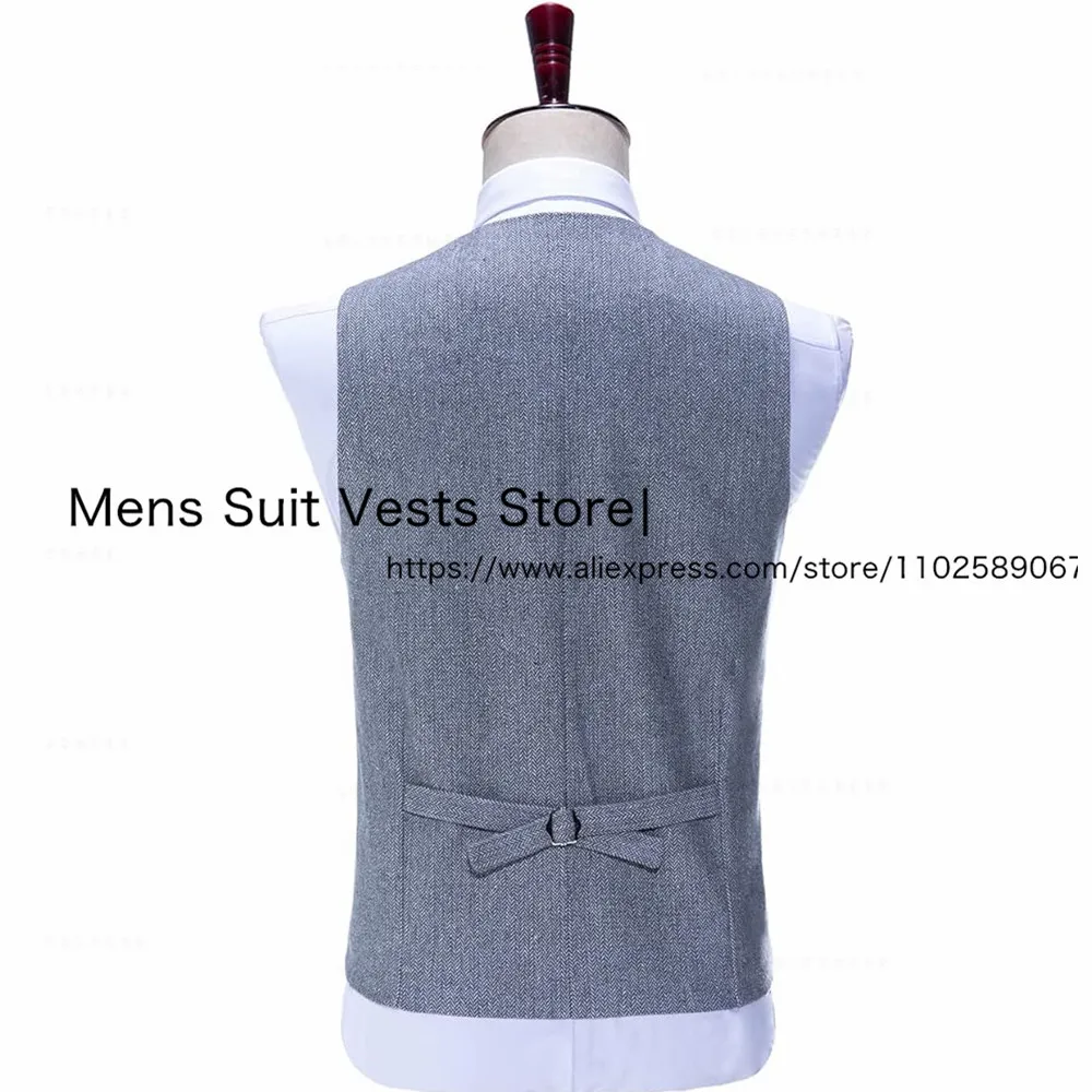 Men's Formal Business Suit Vests Wool Slim Fit Single Breasted Herringbone Tweed Western Waistcoat  For Wedding