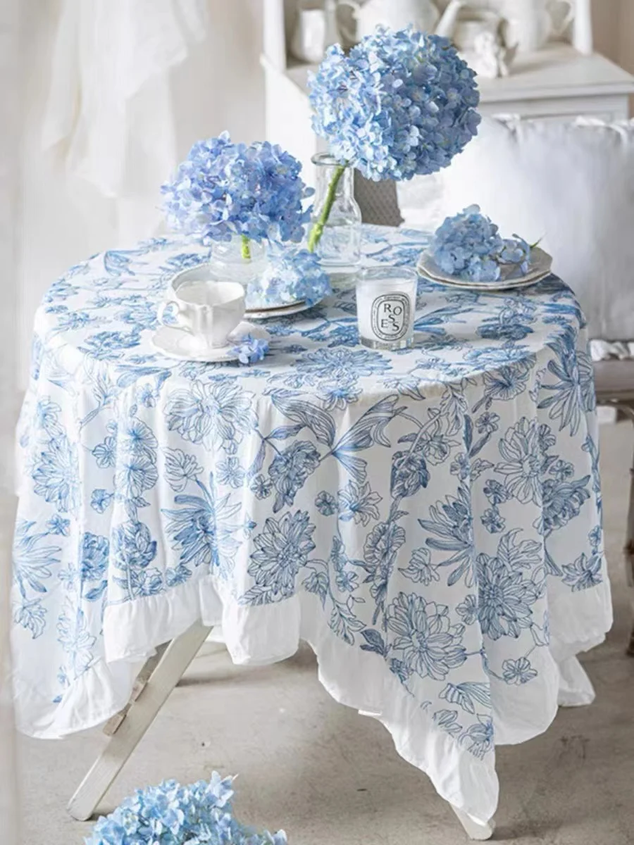 

Round Retro Embroidered Cotton Tablecloth Washable Coffee Dinner Blue White Porcelain Table Cloth for Christmas Wedding Banquet