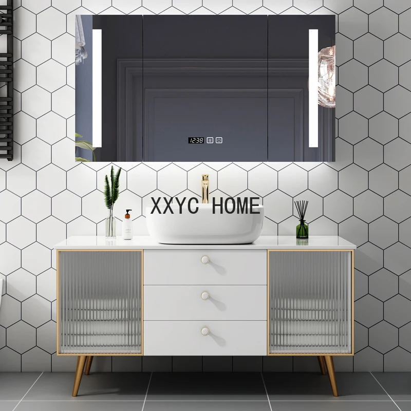 

Simple and Light Luxury Bathroom Cabinet Combination Bathroom Smart Mirror Washbasin Solid Wood Floor Marble
