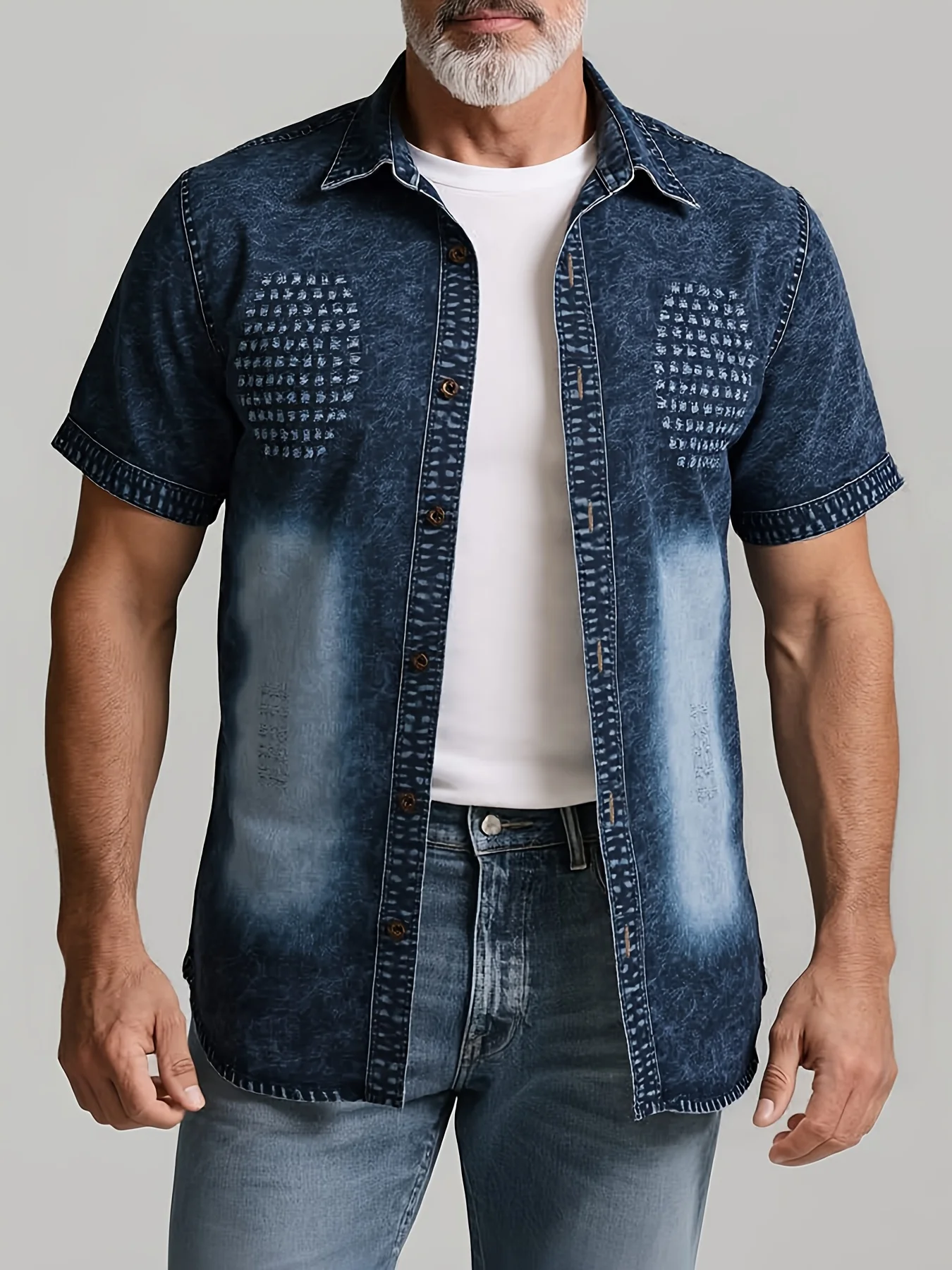 

Мужская летняя джинсовая рубашка, модная новая тенденция, джинсовая рубашка с принтом тай-дай, ручная работа, дизайн с рваным воротником, темно-синий джинсовый материал для