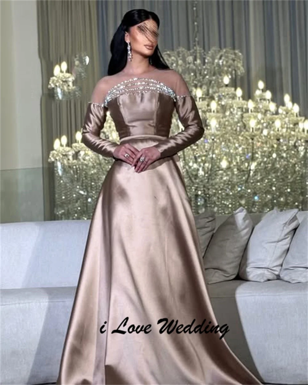 

Glitter Boat Collar A-line Draped Floor Length Evening Dress with Court Backless Beaded 3/4 Sleeve Saudi Gown Custom Made