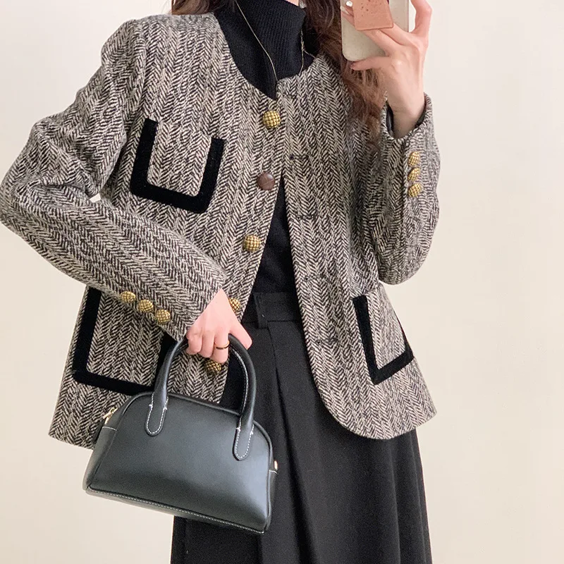 

Herringbone wool tweed small fragrant coat women's autumn and winter high-end retro tweed down top