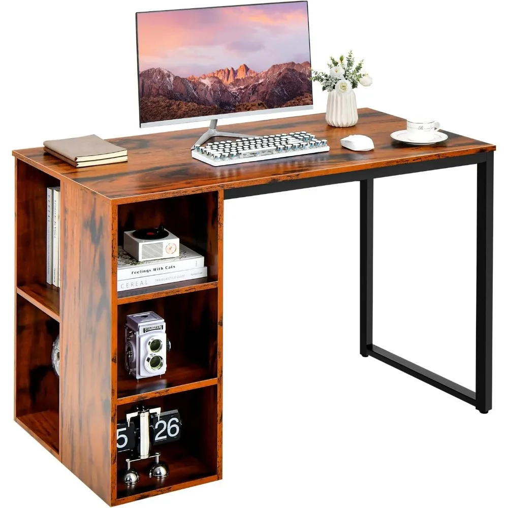

-ForComputer Desk with Storage Shelves, Home Office Desk with 5 Side Shelves & Metal Frame, Space Saving Laptop PC Desk, &