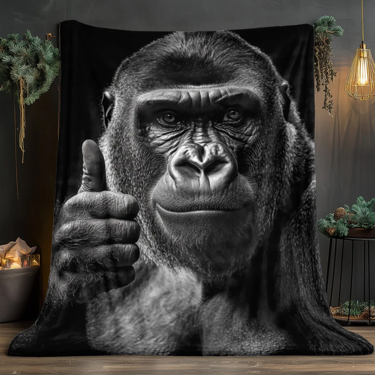 1pc Gorilla Thumbs Up Print Flannel Throw Blanket, Lightweight Portable Soft Warm All‑Season Blanket for Sofa Bed Travel Camping
