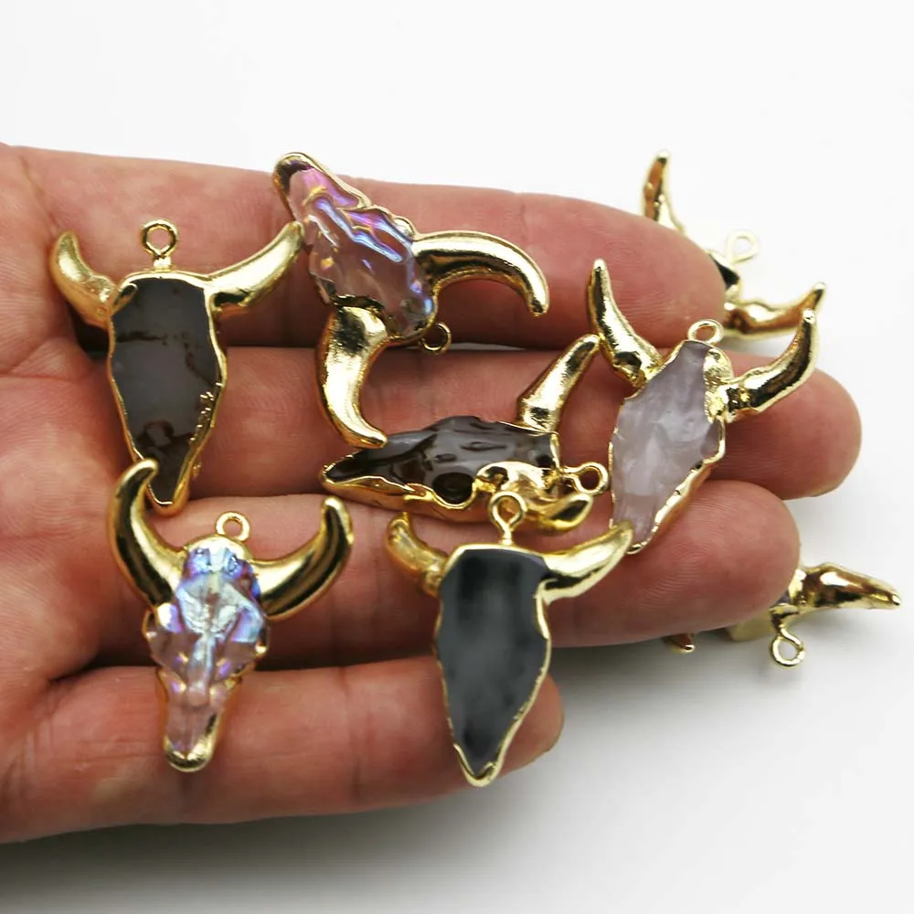 Natural Semi Precious Stone Multicolour Bull Head Acrylic Resin Pendants Necklace Charms Jewelry Accessories Gift Wholesale 8Pcs