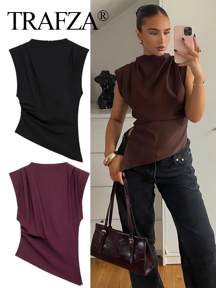 TRAFZA 2025 Vintage Women's Solid Asymmetric Slim Tops Female Fashion Zipper Sleeveless Cross Folds Top Lady Streetwear