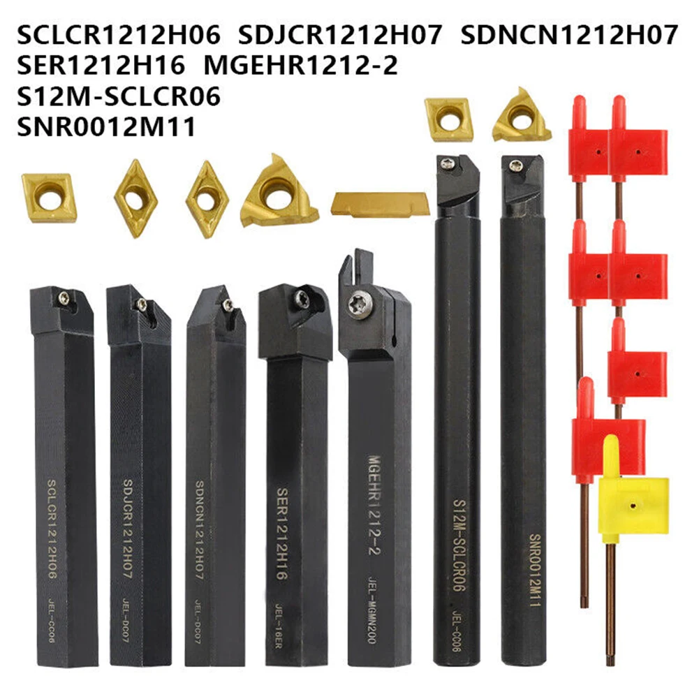 7pcs Indexable Lathe Turning Tool Holder Carbide Inserts Set Wrench Boring Bar Alloy Steel MGEHR1212-2 SER1212H16 Tool Rod