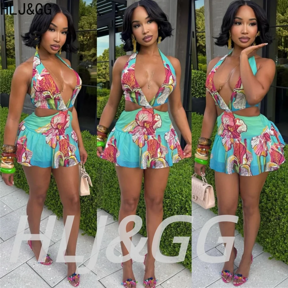 

HLJ&GG Summer New Print Halter Hollow Bodycon Mini Dress Women Sleeveless Backless Slim Ruched Vestidos Fashion Street Clothing