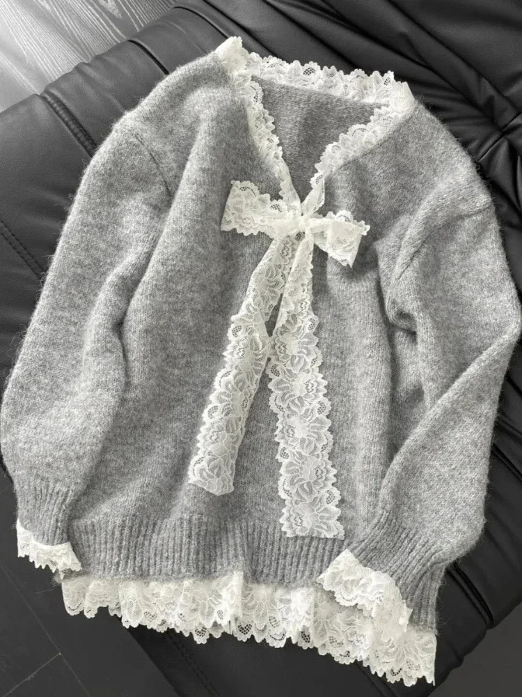 Y2K корейский вязаный пуловер с бантом, женский милый кружевной японский свитер, офисный женский осенне-зимний большой свитер Y2k, наряды