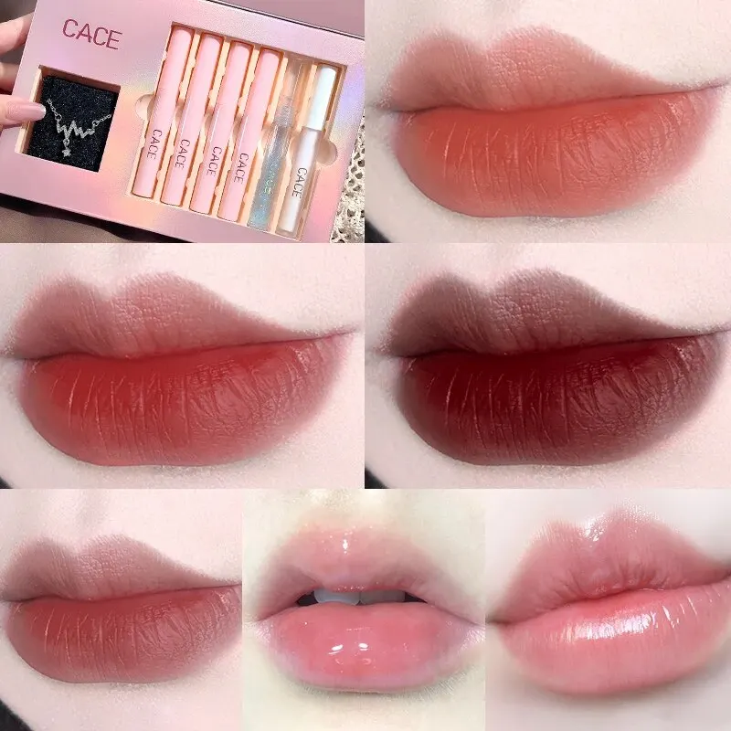 CACE Matte Liquid ลิปสติกแต่งหน้าชุด 4 สี Lipgloss และ 1 pc โปร่งใส Lipgloss และ 1 pc Lip Balm Plumper และสร้อยคอของขวัญ
