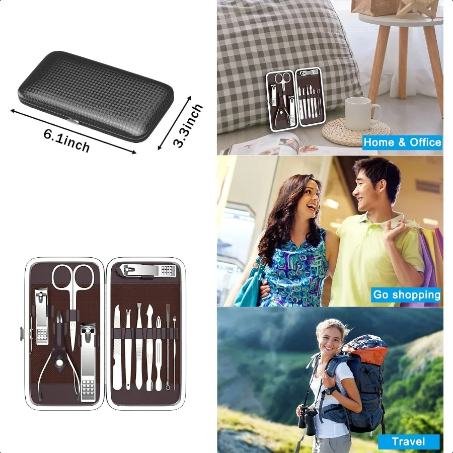 Kit manicure pedicure Tagliaunghie Kit professionale per toelettatura Strumenti per unghie con lussuosa custodia da viaggio Set di 12 tagliaunghie 12 pezzi