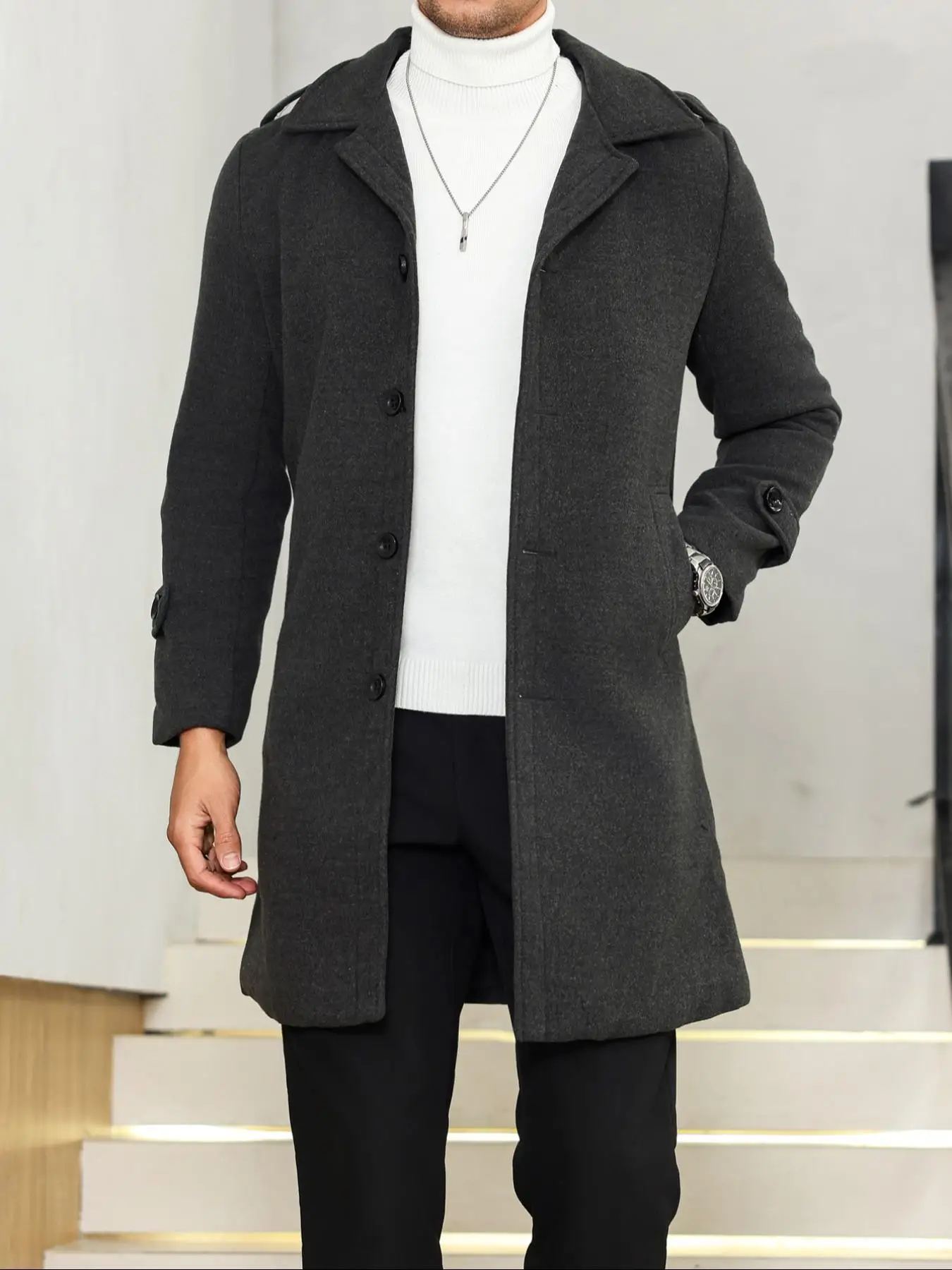 

1PCS Men's Woolen Overcoat Jacket, Autumn Winter Casual Long Sleeve Outerwear, Lapel Pocket Design Comfortable Daily Wear