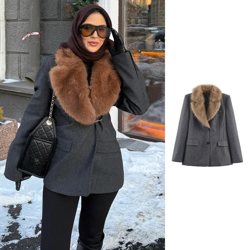 

Женский модный однотонный серый блейзер с меховым воротником, отложным воротником, однобортный пиджак, офисный женский пиджак для работы, укороченный топ, уличный стиль