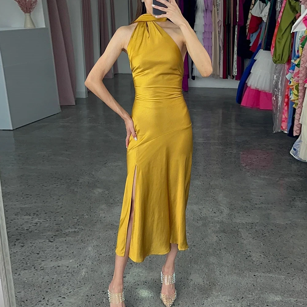 

Elegant Yellow Exquisite Pleats Evening Dress Backless(Open Back) Straight Tea Length Special Occasion Gowns Halter Sleeveless