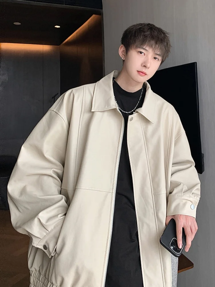 

Trendy Men's Leather Jaet Spring Autumn Sle Retro Motorcycle Clothes Loose Fit Youthful Energy Pure Color Zipper Closure