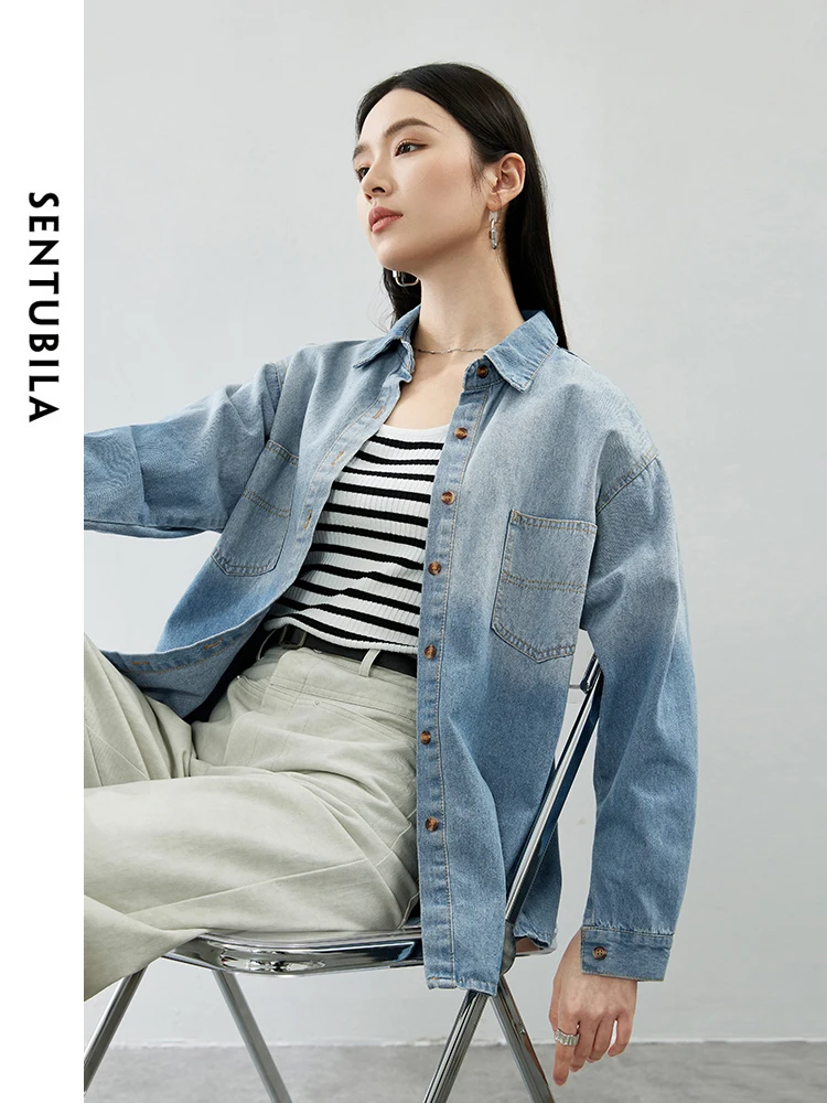 SENTUBILA Gradient Blue Denim Shirts for Women 2024 Spring Autumn Korean Outerwear Tops Jeans Jacket Woman Shackets W41C54154