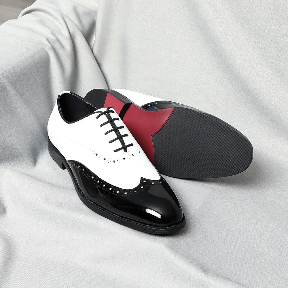 Elegant Man Dress Shoes White Black Genuine Leather Oxfords Wedding Party Social Shoes Male Wingtip Brogue Oxford Shoes for Men