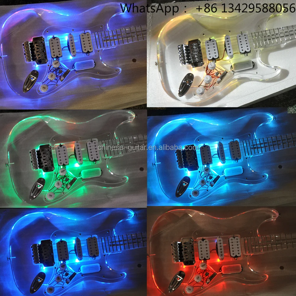 Flyoung High Quality Acrylic Electric Guitar Body and Neck 7 Colors LED Lights HSH Pickups