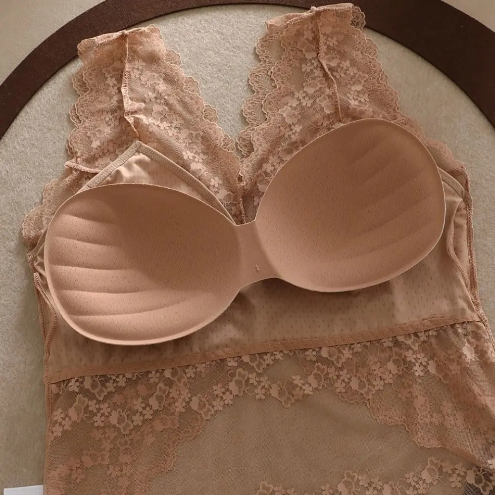 Mesh Transparent Lace Deep-v Camisole Thin Slim Fit Lace Crop Tops Undershirt Sleeveless Suspender Vest with Pads Spring Summer