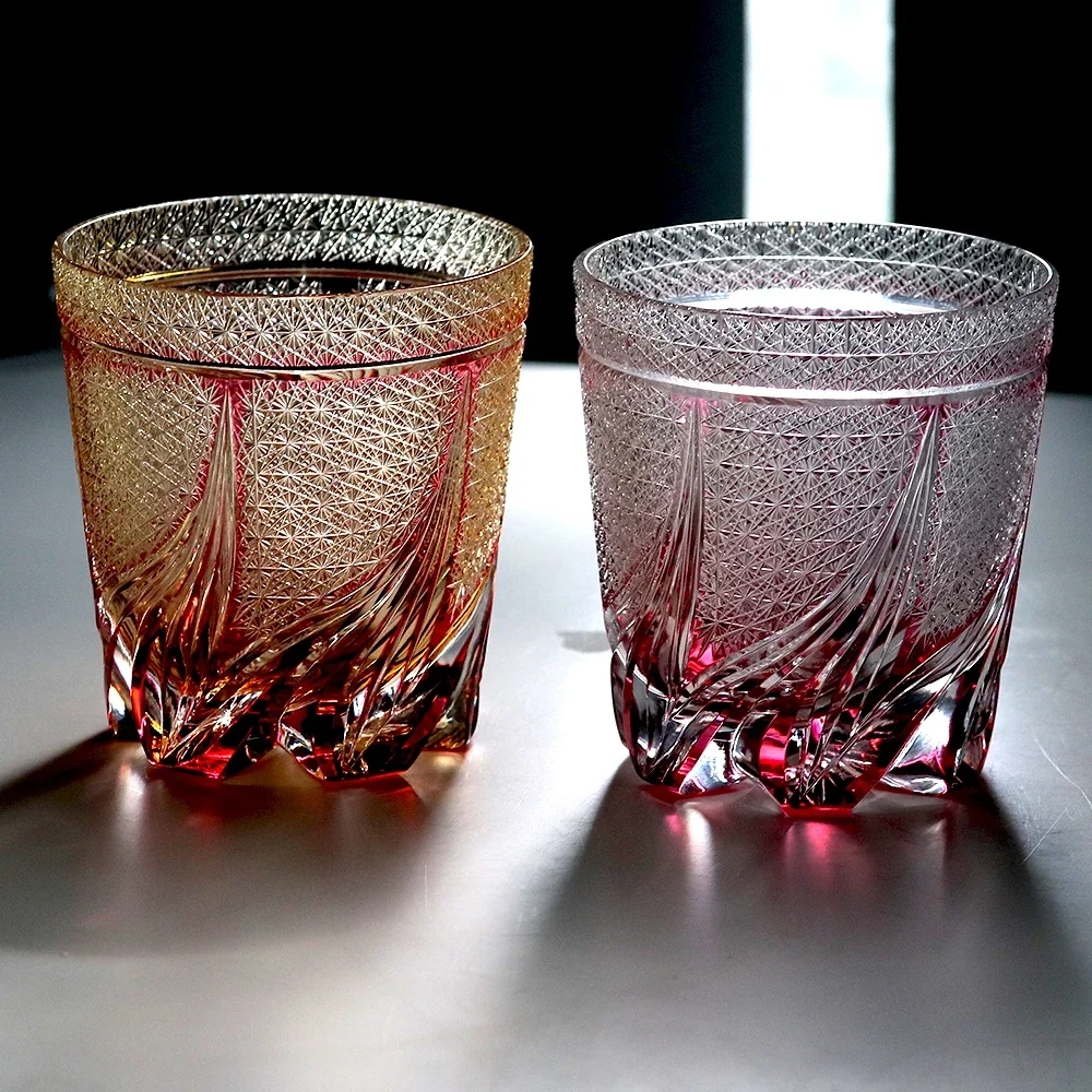 Pink Engraved Crystal Glass Whisky Cup Japanese Style High-Lead Handmade Tumbler with Flowing Colors for Gift Bar Home Decor