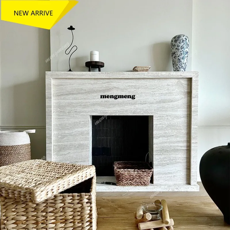 M138 French natural travertine fireplace decorative cabinet simulation fire stone ornament antique living room small fireplace