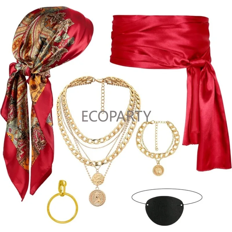 

6 PCS Pirate Costume Accessories for Women Captain Pirate Accessories with Bandana Head Scarf Sash Necklace Halloween Dress Up