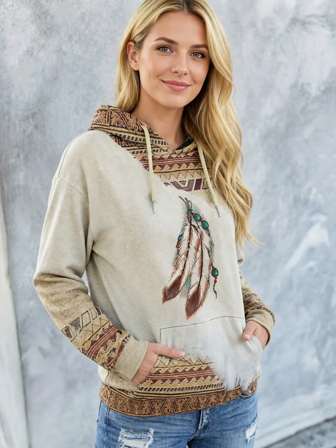 Women\'s Casual Fashion Round Neck Pullover Sweatshirt Western Ethnic Style Retro Printed Sweatshirt Hoodies