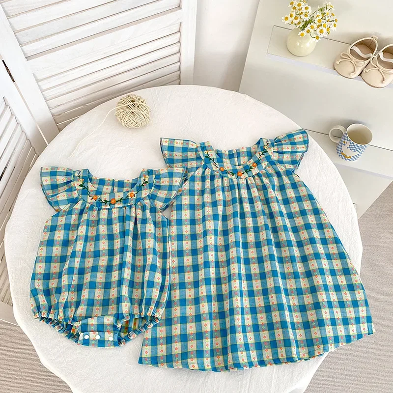 

Korean Style Kids Dress Summer Collection Checkered Flowy Sleeve Design Baby Bodysuit Cotton Material Ideal for Sisters