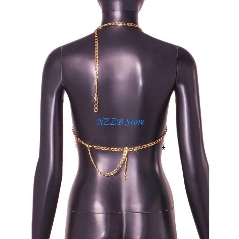 

T21F Rhinestones Halterneck Bra Star Tassels Chain Body Jewelry Nightclub Camisole