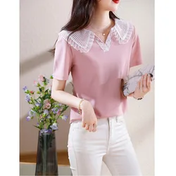 2024 New Women's Summer Simplicity Half Open Collar Lace Splicing for Slimming Effect Fashion Casual Short Sleeve T-shirt Tops