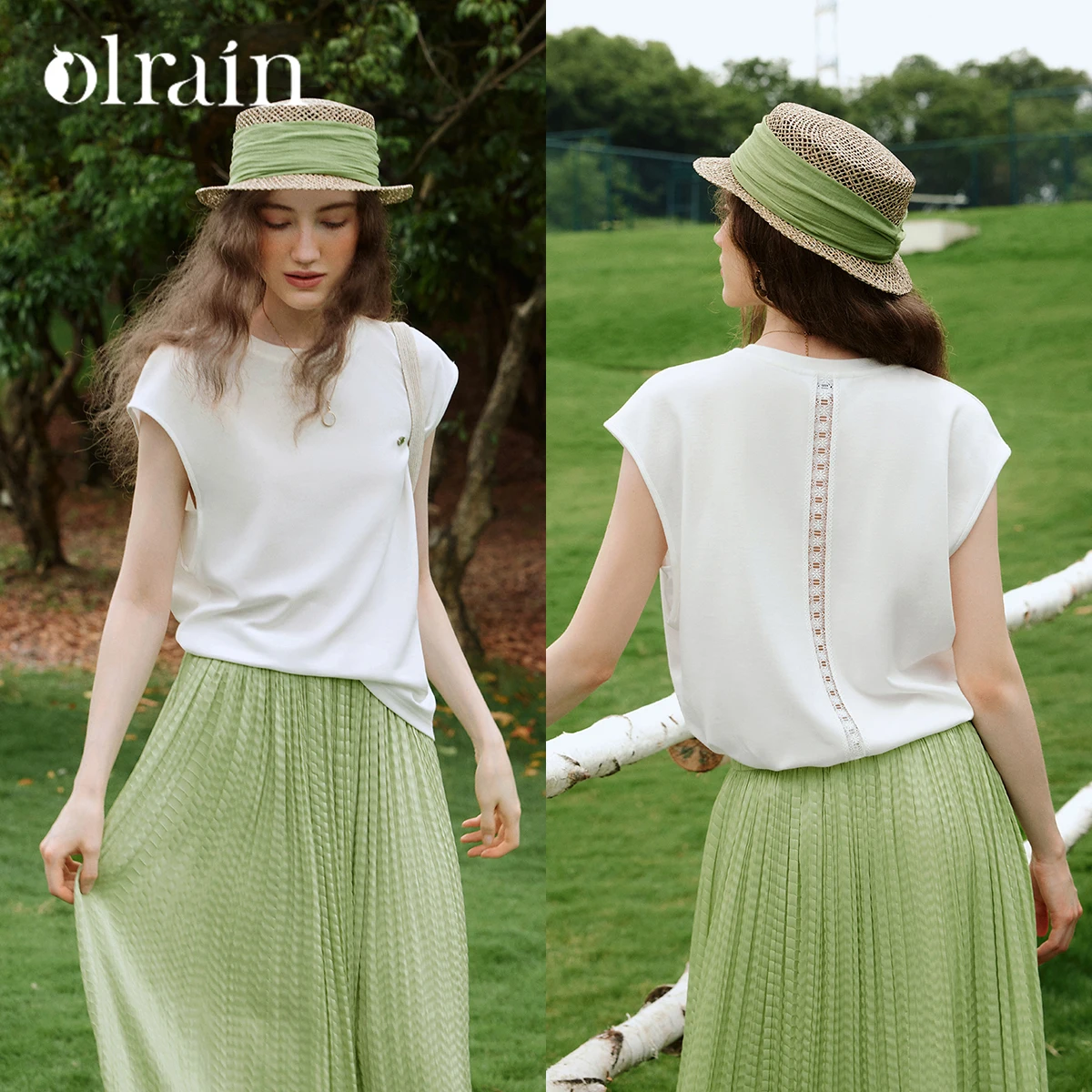OLrain White Women's Sleeveless T-shirt 2026 Summer Crew Neck Back Hollow Lace Spliced Loose Commuter Cotton Top O58XT005159