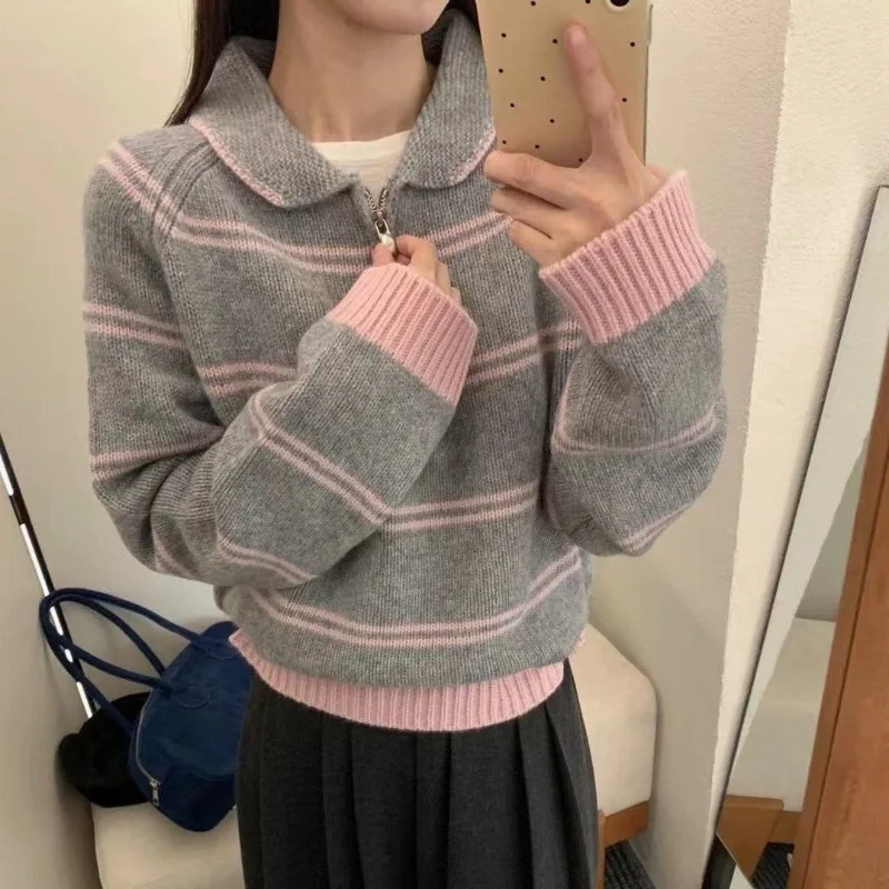 

Deeptown серые полосатые винтажные женские свитера на молнии белые элегантные синие с длинным рукавом корейские модные вязаные пуловеры базовые повседневные