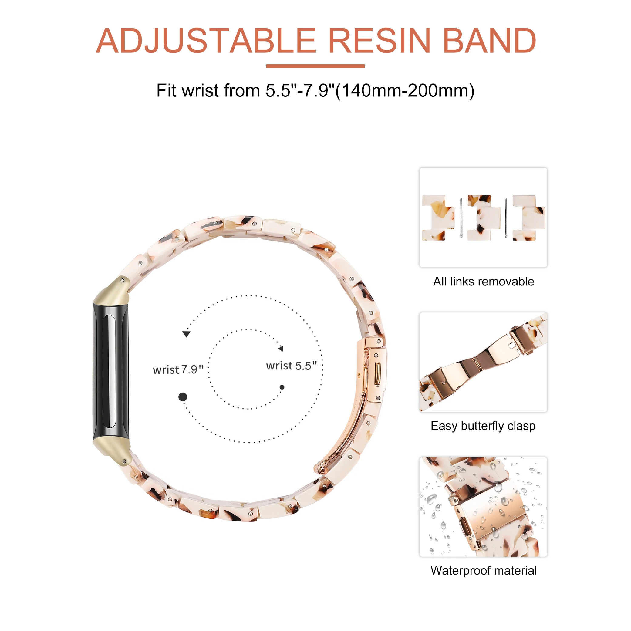 Wearlizer Waterproof Resin Watch Band For Fitbit Charge 5 Adjustable Resin Band for Charge 5 Women Light Weight Bracelet Band