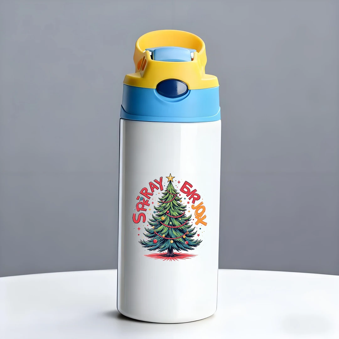 Tasse isolée en acier inoxydable 304 + autocollant d'arbre de noël de dessin animé, tasse en paille, tasse d'eau créative pour enfants, coffret cadeau de noël